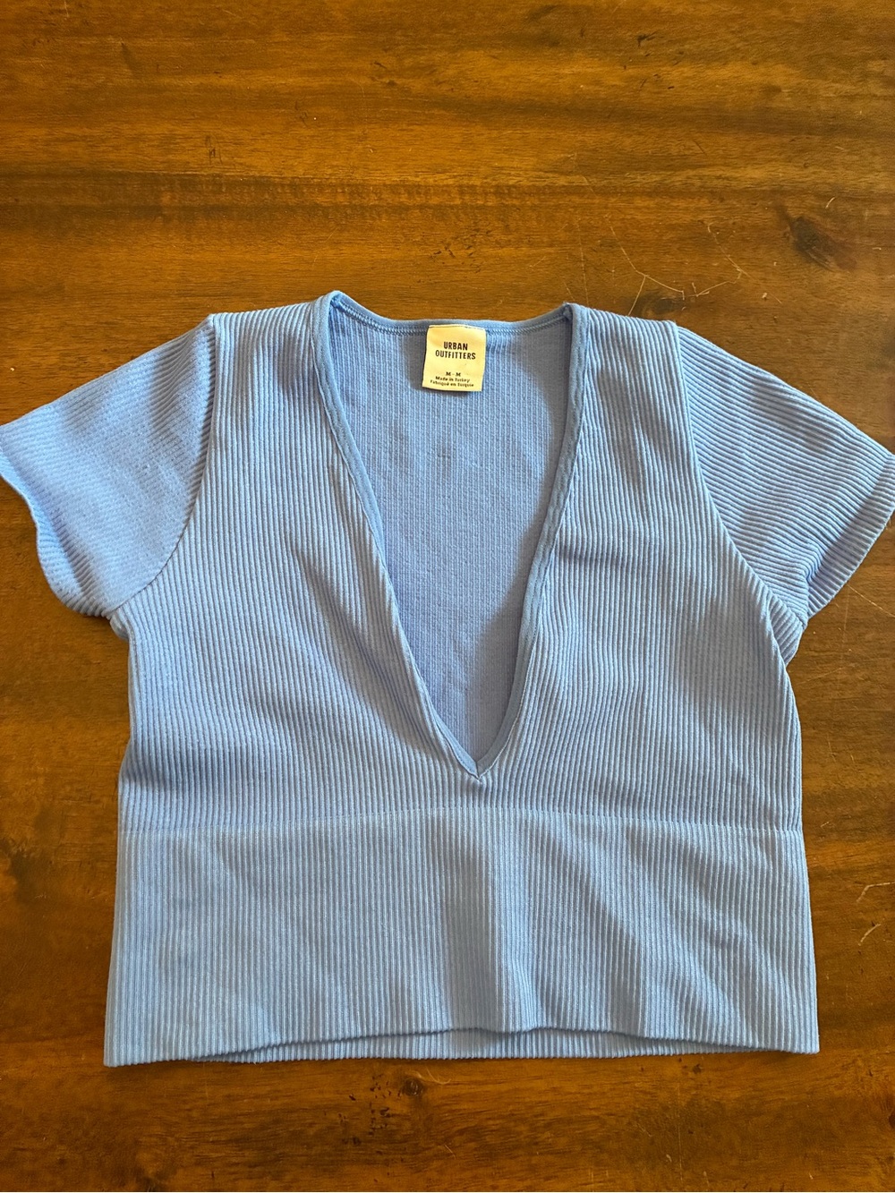 Urban Outfitters Josie Top Medium Blue Seamless Ribbed V-Neck Short Sleeve